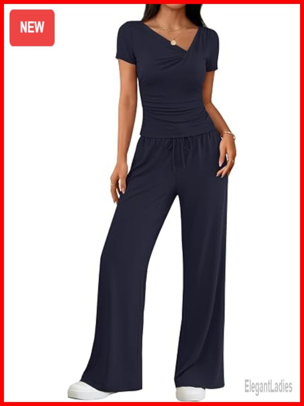 2 Piece Lounge Set: Short Sleeve Ruched Top & Wide Leg Pants Travel Outfit